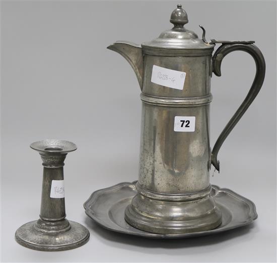A Victorian pewter flagon, a Tudric candlestick and a plate